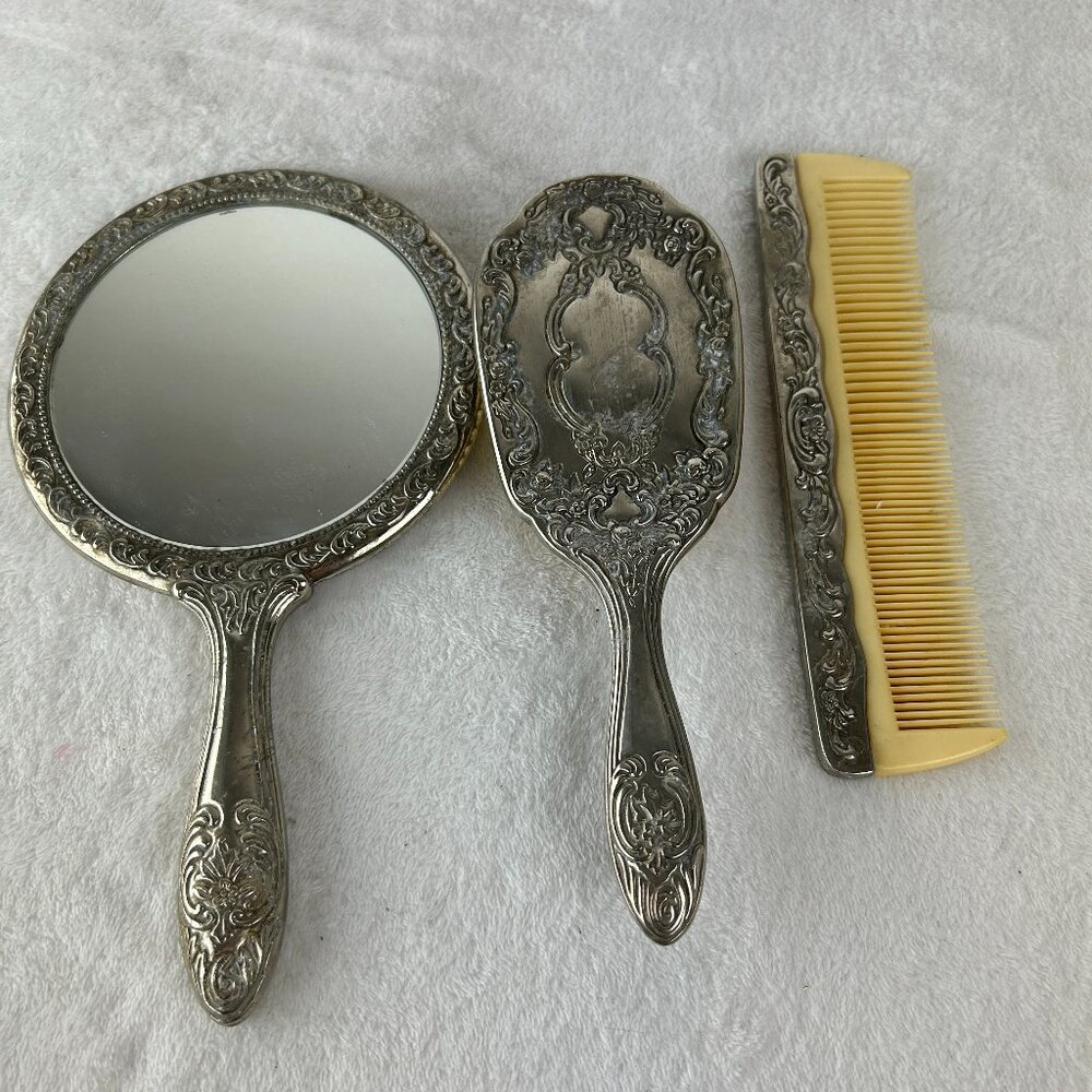 Vintage 3 piece Dresser Vanity Set Silver Plated Mirror, Brush and Comb (heavy)